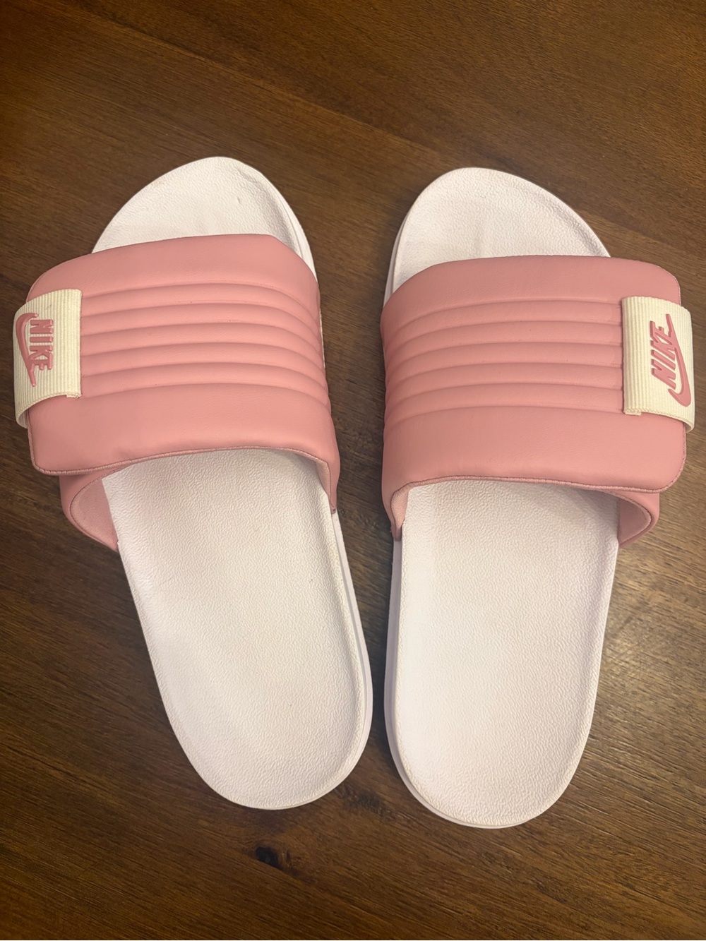 Nike Women's Pink and White Slide Sandals